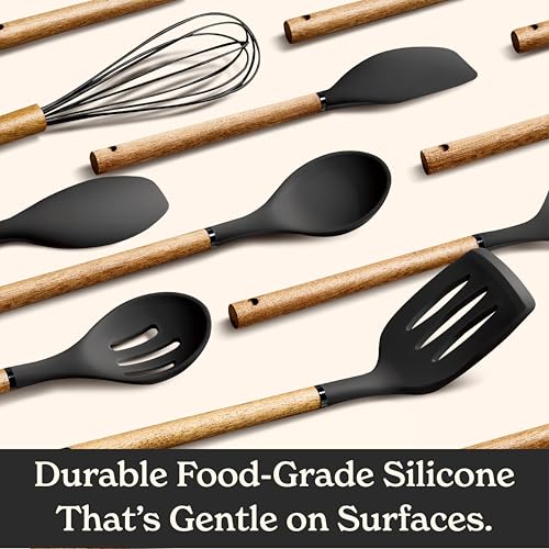Non Stick Silicone Utensil Set with Rounded Wood Handles for Cooking and Baking (8 Piece Set / Black)