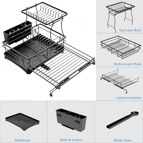 2 Tier Dish Drying Rack (Black / double-tier dish rack 16.7"w X14.8"H 12.8"-20.8"I)