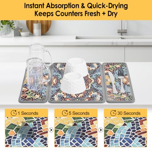 Stone Dish Drying Mat with Silicone Sleeve (Multicolor / Mosaic Pattern / 19.7" x 15.7")