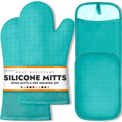 BPA Free Soft Silicone 4 Piece Oven Mitts & Pot Holders Set (Turquoise / 4-Piece Oven Mitts & Pot Holders Set)