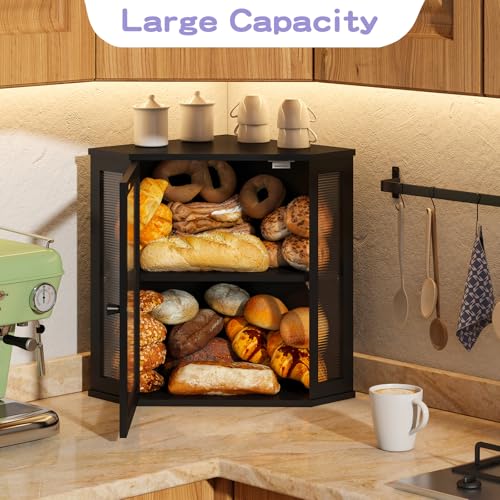 Corner Bread box for Kitchen Countertop (Black / Extra Large)