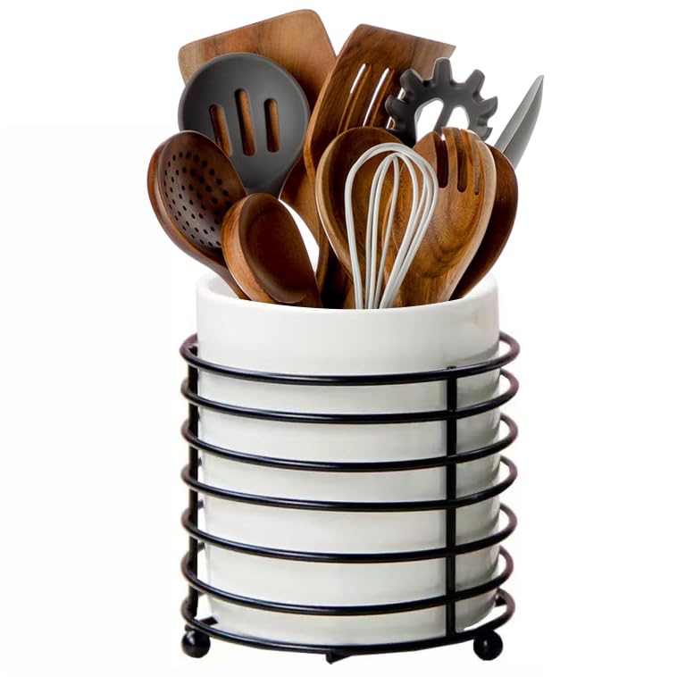 Large Utensil Holder for Kitchen Counter Cooking Utensil Holder Gold Ring Metal Frame and White Ceramics