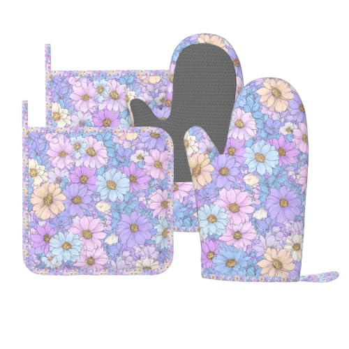 Oven Mitts Pot Holders Set Daisy Flower Pastel Color Silicone Kitchen Gloves Potholders Heat Resistant for Chef Baking Cooking Grilling BBQ 4 Pack Mitt (A0611)