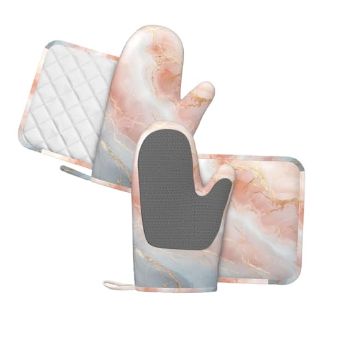 Oven Mitts Pot Holders Set Marble Light Pink Abstract Silicone Kitchen Gloves Potholders Heat Resistant for Chef Baking Cooking Grilling BBQ 4 Pack Mitt (C092)