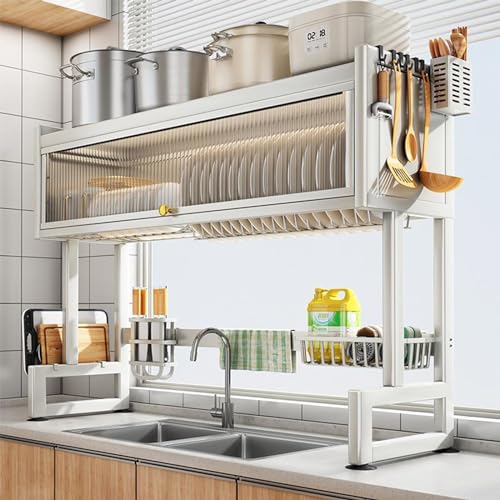 Over the Sink 3 Tier Dish Drying Rack with Cover (Milkshake White)