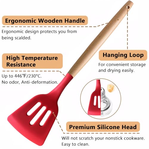 Kitchen Cooking Utensils Set 6Pcs Heat Resistant Silicone Kitchen Utensils Spatula Spoon Turner Ladle w Wooden Handle (Standard 6-Piece Set / Red)