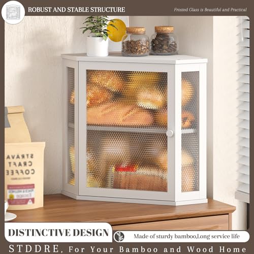 Corner Bread Box Kitchen Countertop Extra Large Capacity Farmhouse Bread Box (White / 12.6" x 12.6" x 16.5")