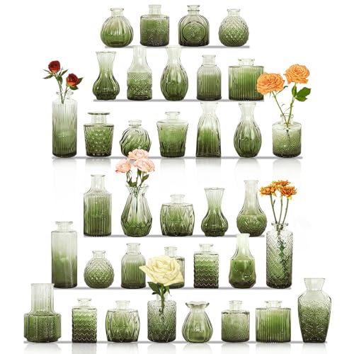 36Pcs Bud Vases Set Small Vintage Glass Bottles Bud Vases in Bulk Multiple Shape Cute Glass Vases for Rustic Wedding Centerpieces Table Decorations and Home Decor