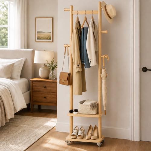 Coat Rack Freestanding Clothing Rack with Wheels & 2 Shelves Storage & 5 Hooks Heavy Duty Clothes Rack Wood Coat Tree Stand Hat Hanger Rack