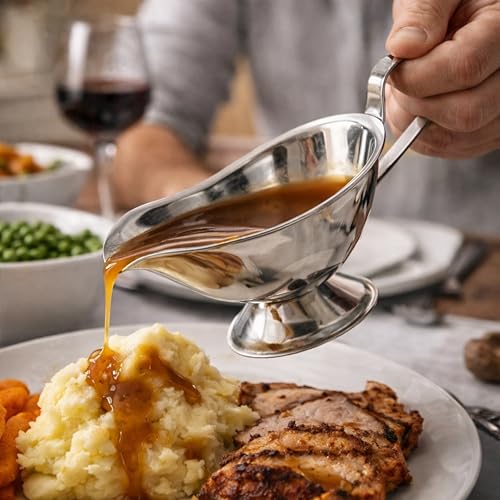 Housewares 8 oz Gravy Boat Gravy Jug Stainless Steel Gravy Boat And Saucer Gravey Jug Gravy Boat With Saucer Boat Gravy 11 cm x 22 cm x 10 cm (Silver / H11 x W22 x D10cm)