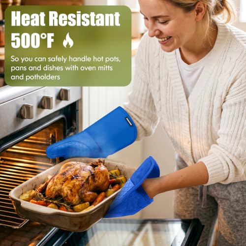 Silicone Oven Mitts and Pot Holders with Kitchen Towels and Dishcloths Sets (Royal Blue)
