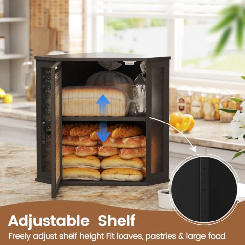 Corner Bread Box for Kitchen Countertop Double Layer Bamboo Wood Large Capacity Bread Storage Container Retro Vintage Farmhouse (Black / Extra Large)