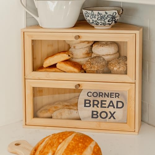 Corner Bread Box for Kitchen Countertop (Natural Bamboo)