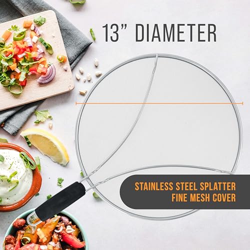 13" Stainless Steel Fine Mesh Splatter Screen with Resting Feet & Black Comfort Grip Handle