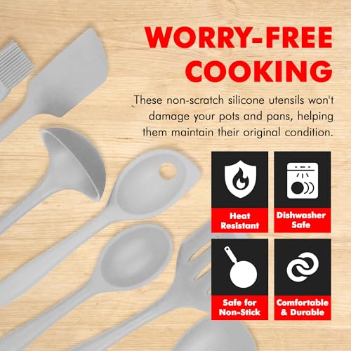 Premium Silicone Kitchen Tools and Utensils Set (7 Piece Set / Gray)