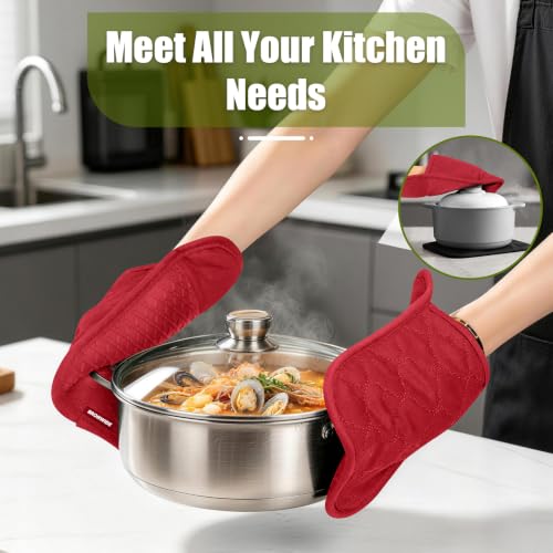 Silicone Oven Mitts and Pot Holders with Kitchen Towels and Dishcloths Sets (Red)