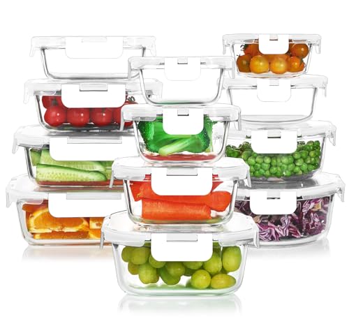 24 Pieces Glass Food Storage Containers Set (White / 12 Pack)