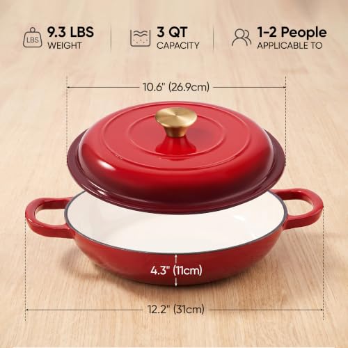 Dutch Oven Enameled Cast Iron with Lid (Red / 3 QT（Shallow Pot）)