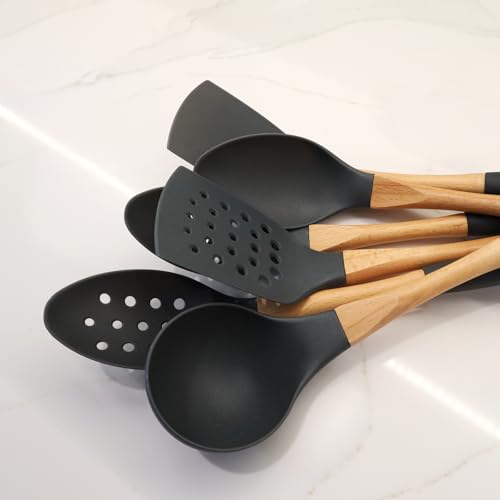 Dark Grey Nylon Wooden Kitchen Utensils Cooking Spoons