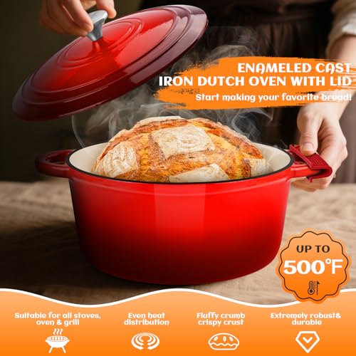 Enameled Cast Iron Dutch Oven Pot with Lid (RED)