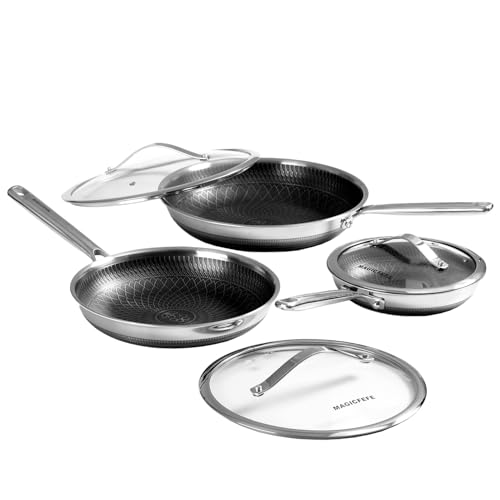 8/10/12 Inch 3-Piece Honeycomb Skillet Set with Glass Lids, Stainless Steel Nonstick Pans, Stay-Cool Handles, PFOA PFOS Free, Induction, Oven Safe 437°F (225°C) All Stoves (8/10/12inch with lid)