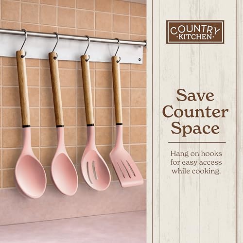 Non Stick Silicone Utensil Set with Rounded Wood Handles for Cooking and Baking (8 Piece Set / Pink)