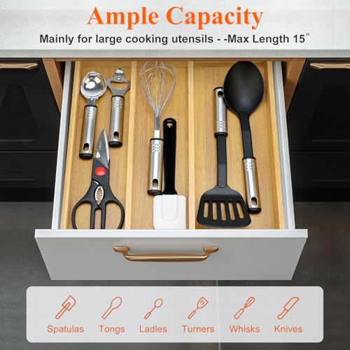Bamboo Utensil Drawer Organizer Cutlery Tray Kitchen Tools Drawer Holder Expandable Silverware Organizer Tray for Saptula Spoon Large Cooking Utensils Organizer Adjustable Wooden Flatware Organizer