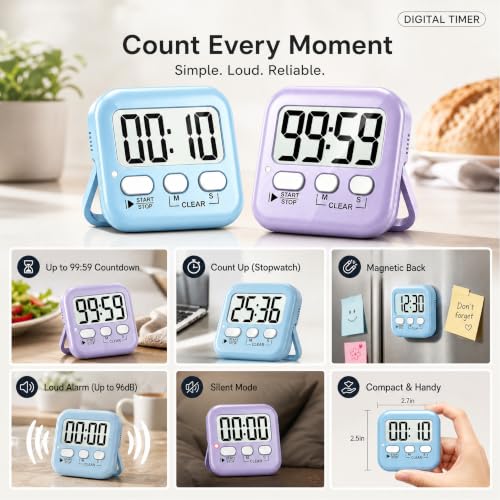 2 Pack Digital Timer for Kids Classroom Kitchen Timers for Cooking (2 * Sky Blue + Lavender Purple)