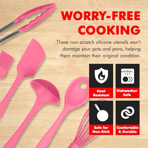 Premium Silicone Kitchen Tools and Utensils Set (9 Piece Set / Pink)