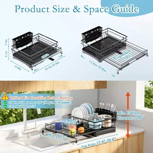 2 Tier Dish Drying Rack (Black / double-tier dish rack 16.7"w X14.8"H 12.8"-20.8"I)