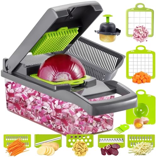 16-in-1 Vegetable Chopper & Mandoline Slicer, Heavy-Duty Food Chopper with 8 Stainless Steel Blades, Onion Dicer, Veggie Cutter, Drain Basket, Egg Separator & Storage Container