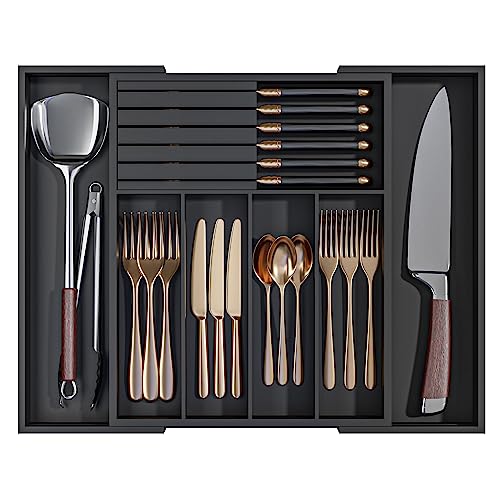 Expandable Silverware Drawer Organizer with Removable Knife Block for Kitchen Utensils