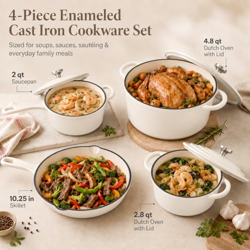 Enameled Cast Iron Cookware Set (Cream White)
