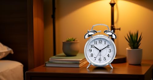 Table Clock Retro Twin Bell Metal Frame Alarm Clock with Night Backlight Function and Silent Motion (Silver Vintage)
