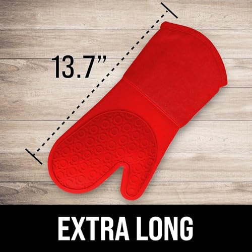 BPA Free Silicone Oven Mitts Ultra Heat Resistant up to 500°F (Red / 2-Piece 13.7" Oven Mitts)