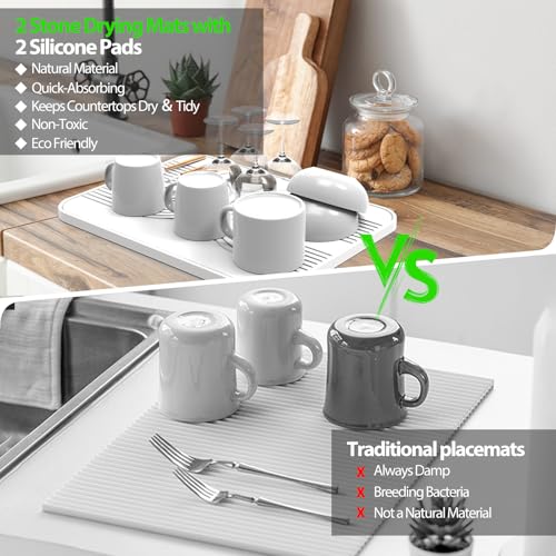 2 PCS Stone Dish Drying Mat ＆ Silicone Mat for Kitchen Counter (White / 16.1" x 12.4")
