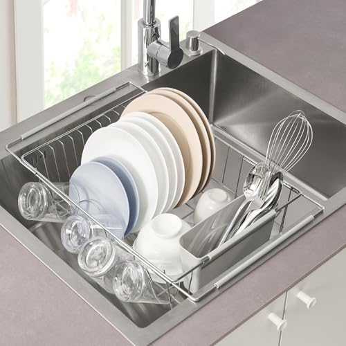 Dish Drying Rack Over the Sink Expandable to 24.5" Dish Drainer (Silver / 15.75" x 12" x 5")