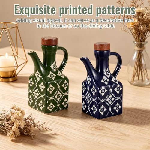 2 Pack 8.5 oz Ceramic Olive Oil Dispenser Bottle Decorative Olive Oil Dispenser Bottle with Handle & Wooden Stopper Relief Opaque Ceramic Oil Cruet for Kitchen Cooking Oil Vinegar (Blue/Green)