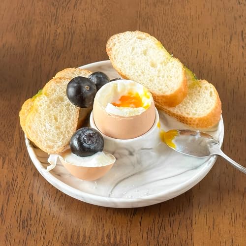 EggHolder & Spoon Set Ceramic Egg Holders + SS Spoons Breakfast Plate White 5.5'' Food Container Egg Tray Dinner Serving for Hard Boiled Eggs