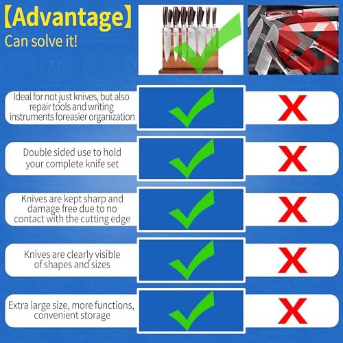 Extra Large Magnetic Knife Block Acacia Wood Knife Set Holder Stand With Stronge Magnetic Strip Kitchen Knives Storage Rack Organizer Tools No Drilling (dark wood color / 11*8 inch without board)