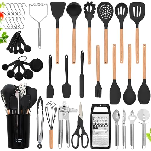 Silicone Kitchen Utensils Set with Wooden Handle (Stone)