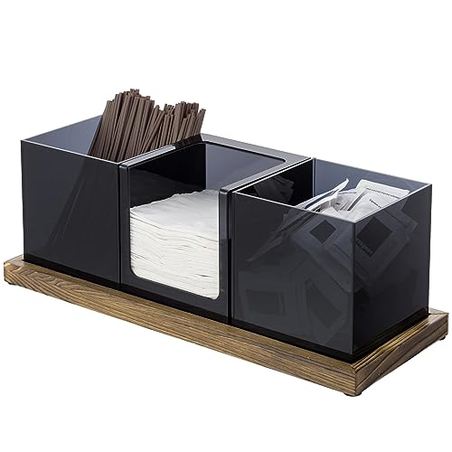 Modern Modular Coffee and Tea Station Organizer with 3 Removable Premium Clear Acrylic Compartments and Rustic Burnt Solid Wood Decorative Tray