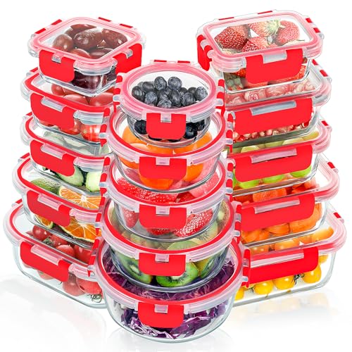 30 Pieces Glass Food Storage Containers Set with Lids (Red / 30 Pieces)