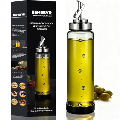 Glass Olive Oil Dispenser Bottle for Kitchen Shatterproof & Leakproof Cooking Oil Dispenser with Stainless Steel Spout & Rubber Bottom 17 oz Heat Resistant Olive Oil Bottle (Clear 1 piece)