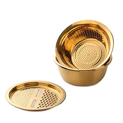 3-In-1 Multifunctional Grater Basin Colander Strainer Set, Mingcheng Stainless Steel Kitchen Grater/Drain Basket/Bottom Basin for Washing Rice, Fruits, Vegetable, Grater with Container