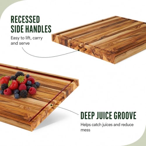 Edge Grain Teak Wood Cutting Board 18x14x1.25" With Deep Juice Groove & Side Handles (Teak Wood - Edge Grain / 18"L x 14"W)
