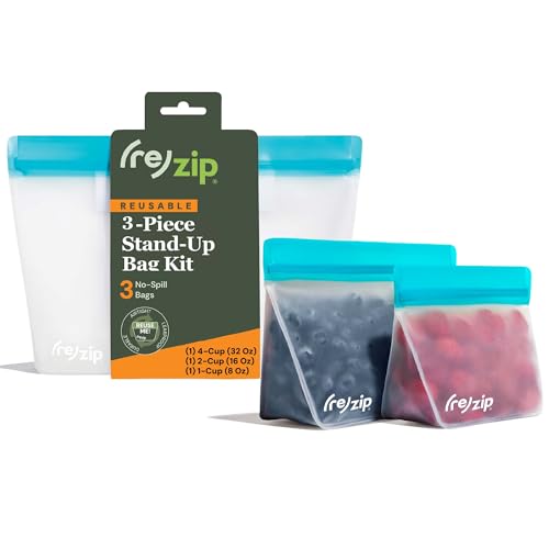 re) zip Stand-Up 3-piece and 5-piece Reusable Bag Kit | BPA-Free, Food Grade, Leakproof, Freezer and Dishwasher Safe