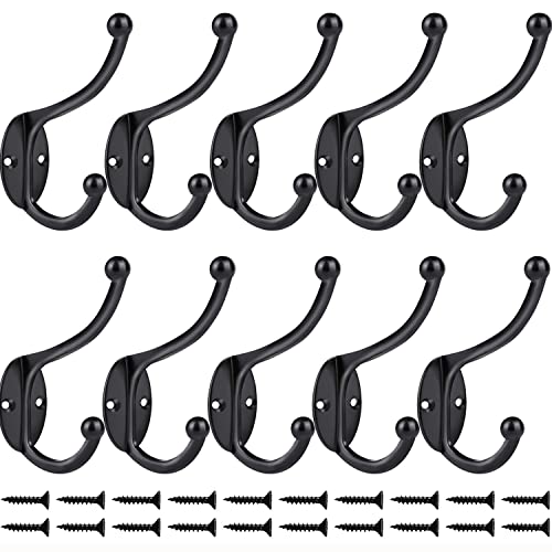 Wall Hooks 20Pcs Coat Hooks Hardware Towel Hooks for Hanging Coats Double No Rust Black Robe Hooks Wall Mounted with Screws for Key