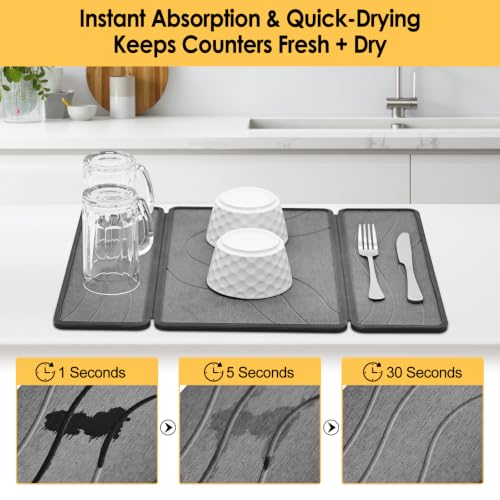 Stone Dish Drying Mat with Silicone Sleeve (Gray / Water Ripple Pattern / 19.7" x 15.7")