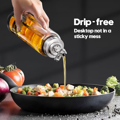 Glass Olive Oil Dispenser Bottle for Kitchen Shatterproof & Leakproof Oil and Vinegar Dispenser Set with Stainless Steel Spout & Rubber Bottom 17 oz Olive Oil Bottle for Cooking (Clear Set of 2)